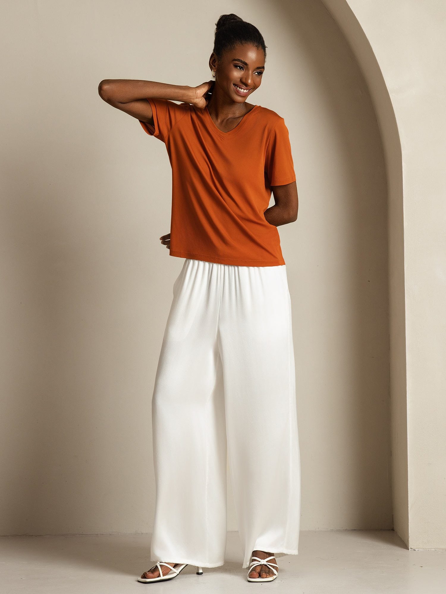 [Orange] SilkSilky-CA Pure Silk V Neck Women's T-Shirt 009