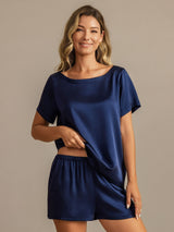 [Dark Blue] SilkSilky-CA 19Momme Machine-Washable Silk Short Sleeve Round Neck Women's Pajamas 005