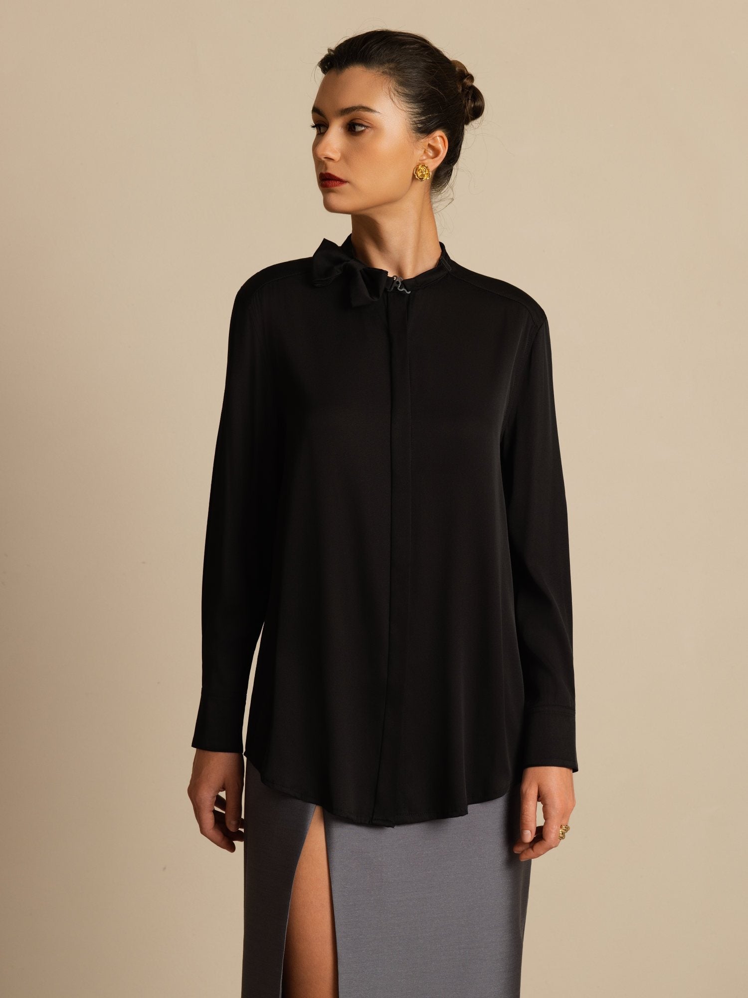 [Black] SilkSilky-CA 19Momme Stretch Silk Double Georgette Long Sleeve Collar Blouse 003