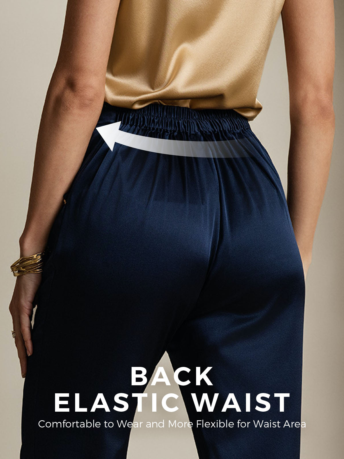 19Momme Silk High Waist Straight Fit Women's Pants with Back Elastic Waist Design