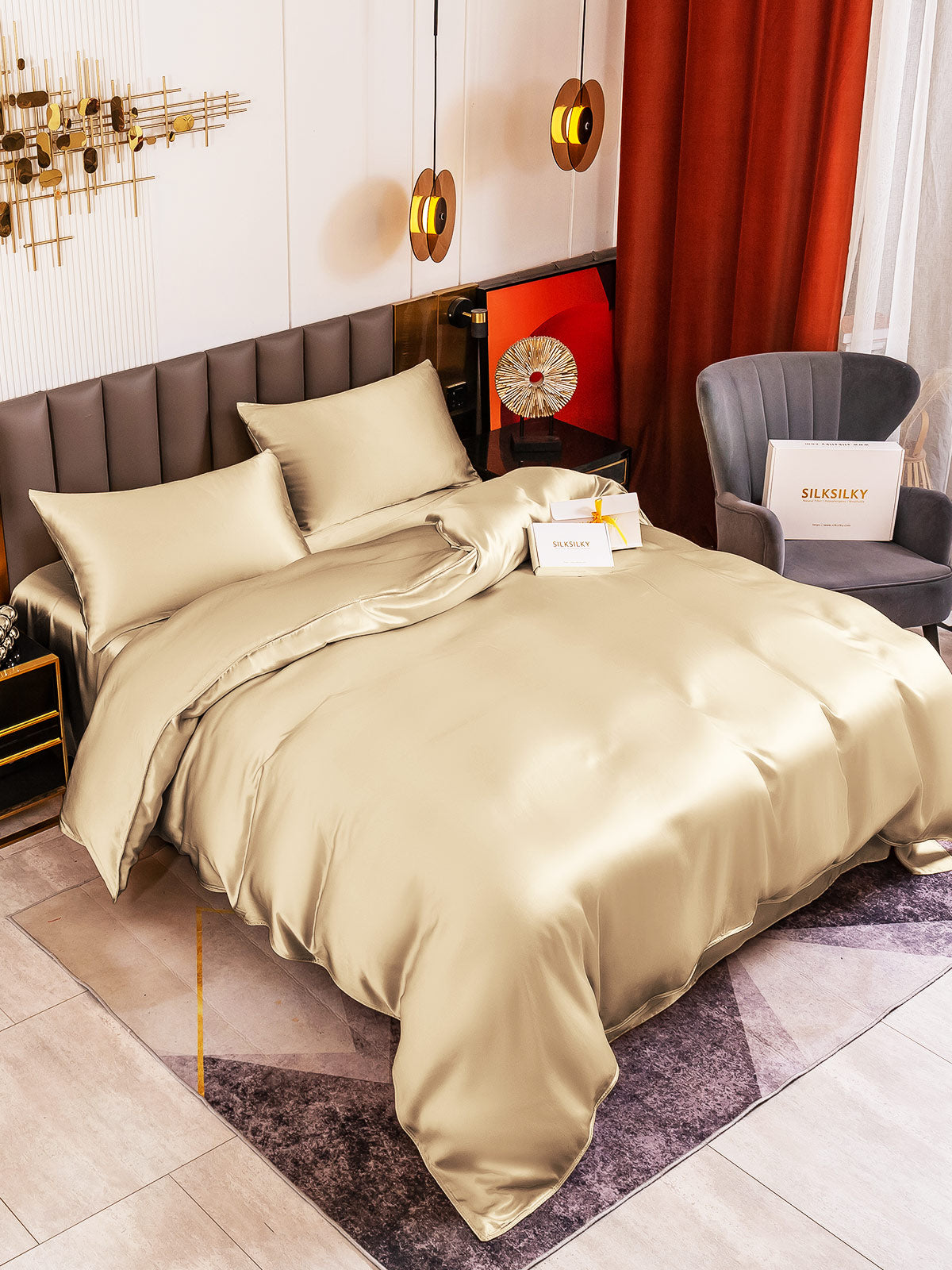 [Beige] SilkSilky-CA 19Momme Pure Silk Bedding Set 001