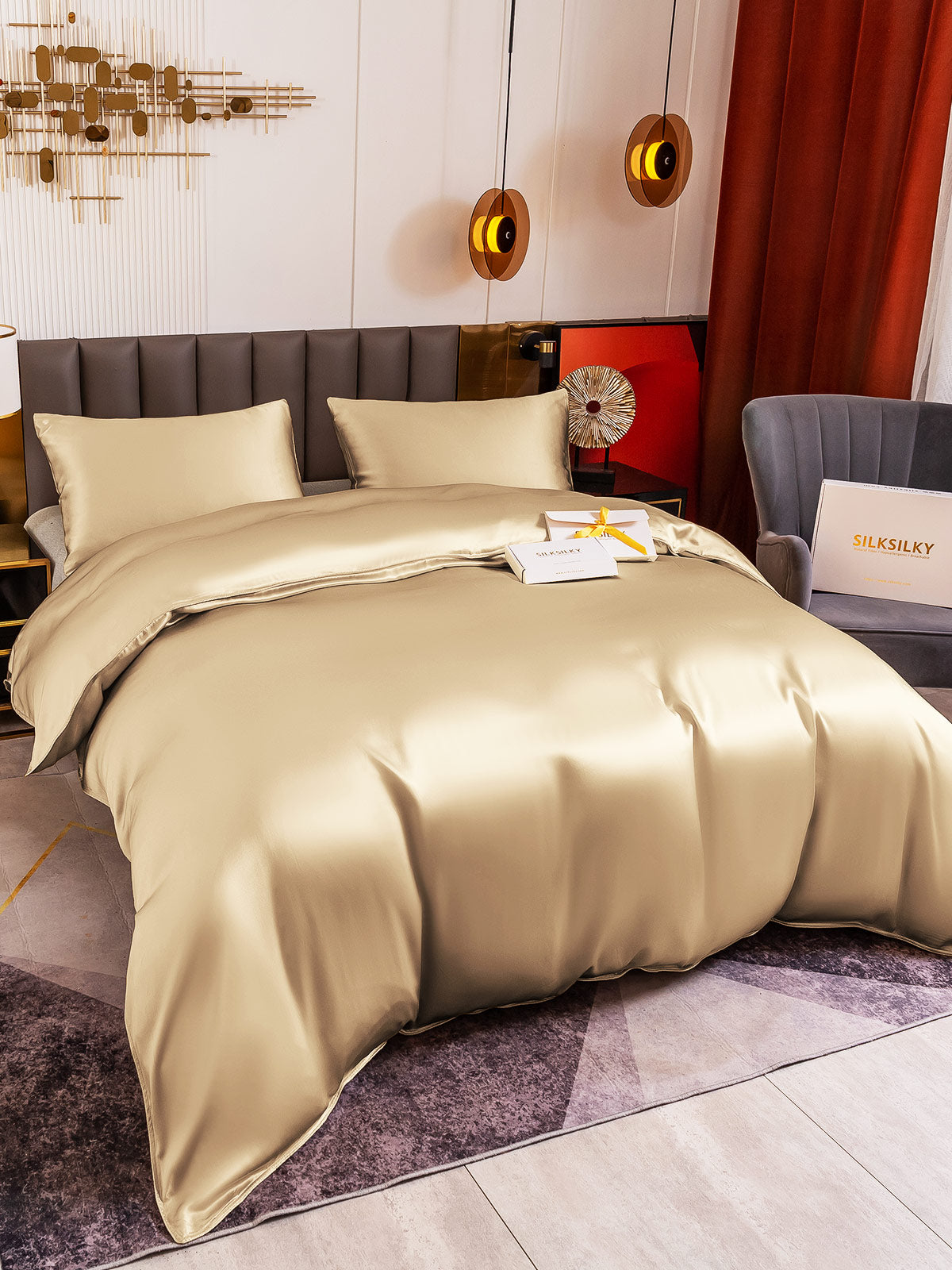 [Beige] SilkSilky-CA 19Momme Pure Silk Bedding Set 004