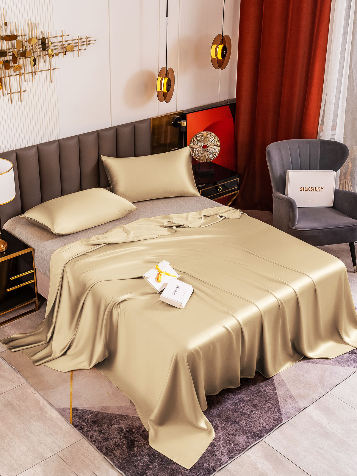 [Beige] SilkSilky-CA 19Momme Pure Silk Sheet 001
