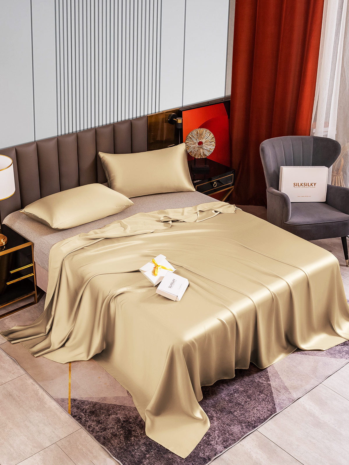 [Beige] SilkSilky-CA 22Momme Pure Silk Bedding Set 002