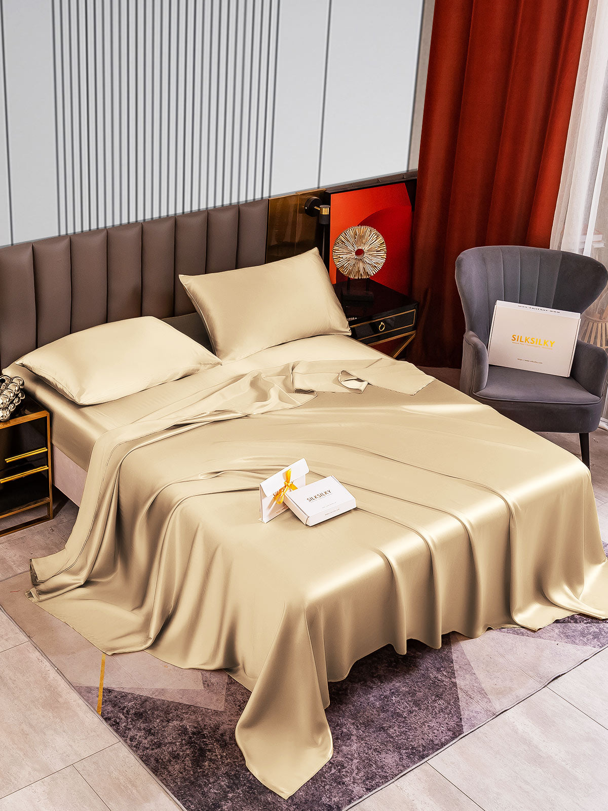 [Beige] SilkSilky-CA 22Momme Pure Silk Bedding Set 002