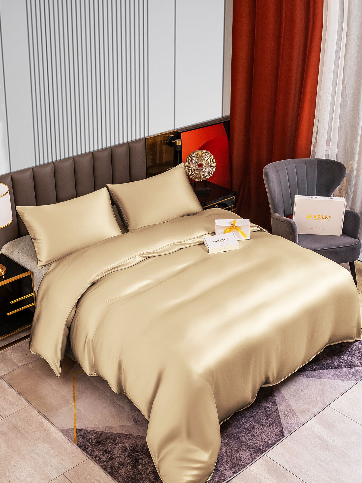 [Beige] SilkSilky-CA 22Momme Pure Silk Bedding Set 002