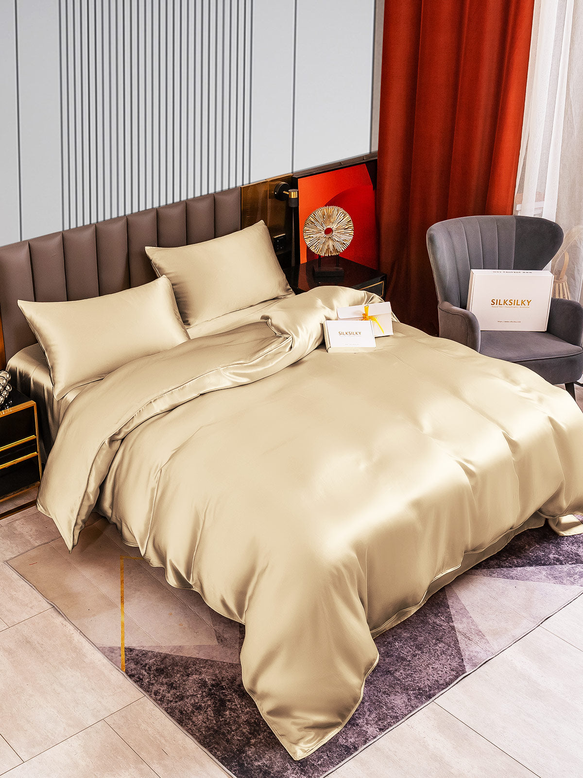 [Beige] SilkSilky-CA 22Momme Pure Silk Bedding Set 003
