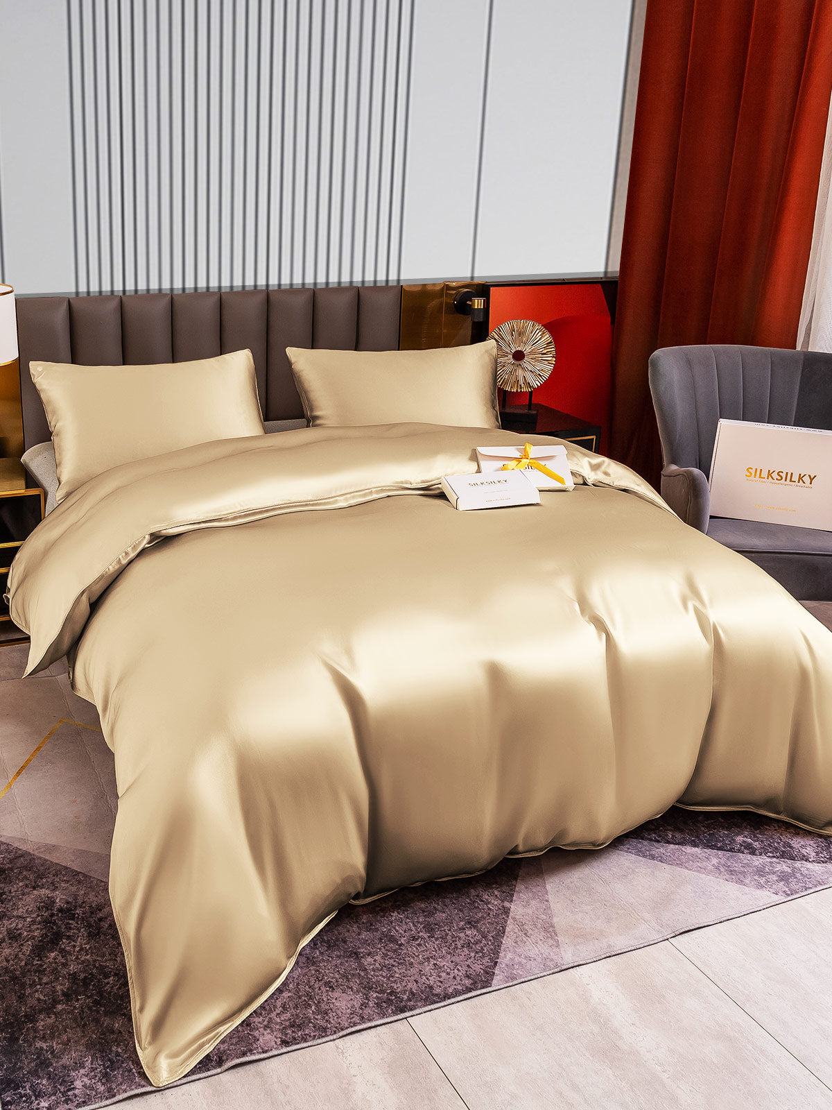 [Beige] SilkSilky-CA 22Momme Pure Silk Bedding Set 004