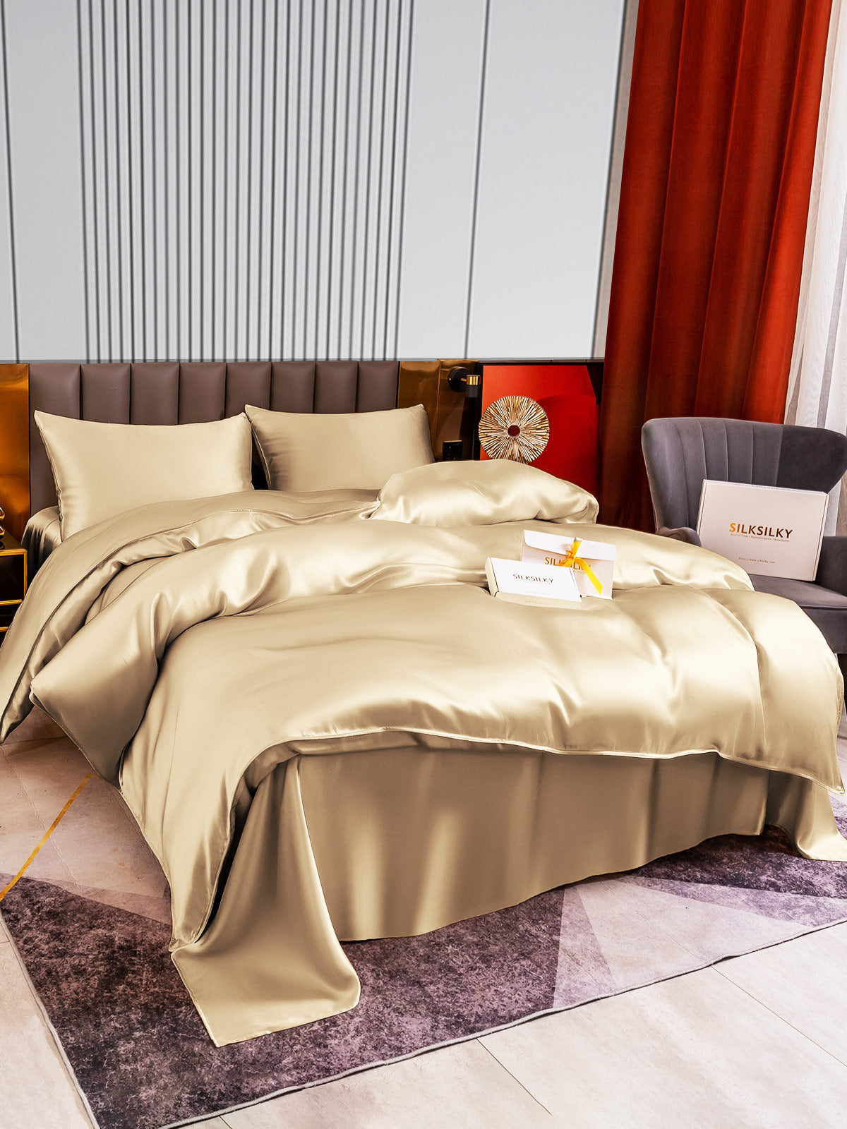 [Beige] SilkSilky-CA 22Momme Pure Silk Bedding Set 005