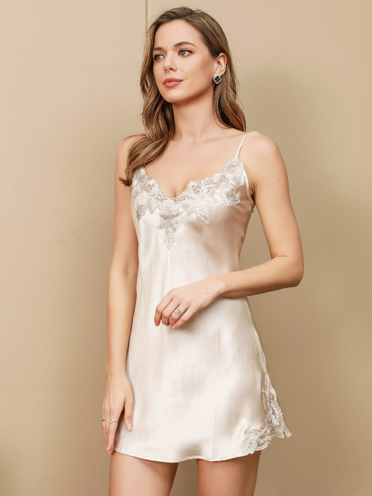 [Beige] SilkSilky-CA Pure Silk Sleeveless V Neck Nightgown 001