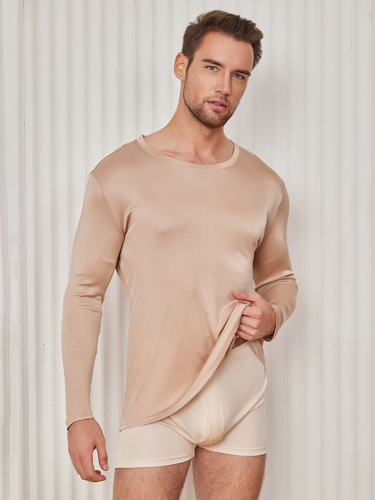 [Beige] SilkSilky-CA Silk Knitted Long Sleeve Round Neck Men's T-Shirt 001