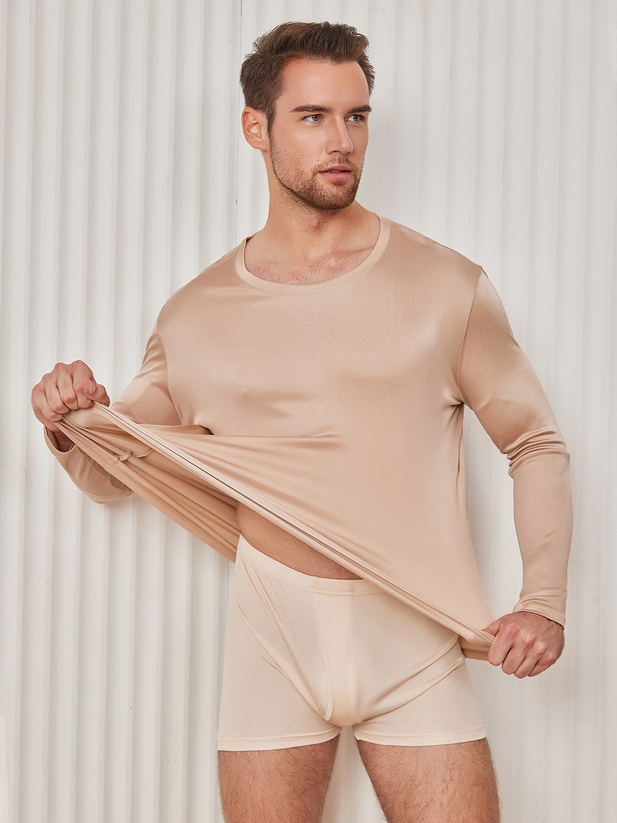 [Beige] SilkSilky-CA Silk Knitted Long Sleeve Round Neck Men's T-Shirt 002