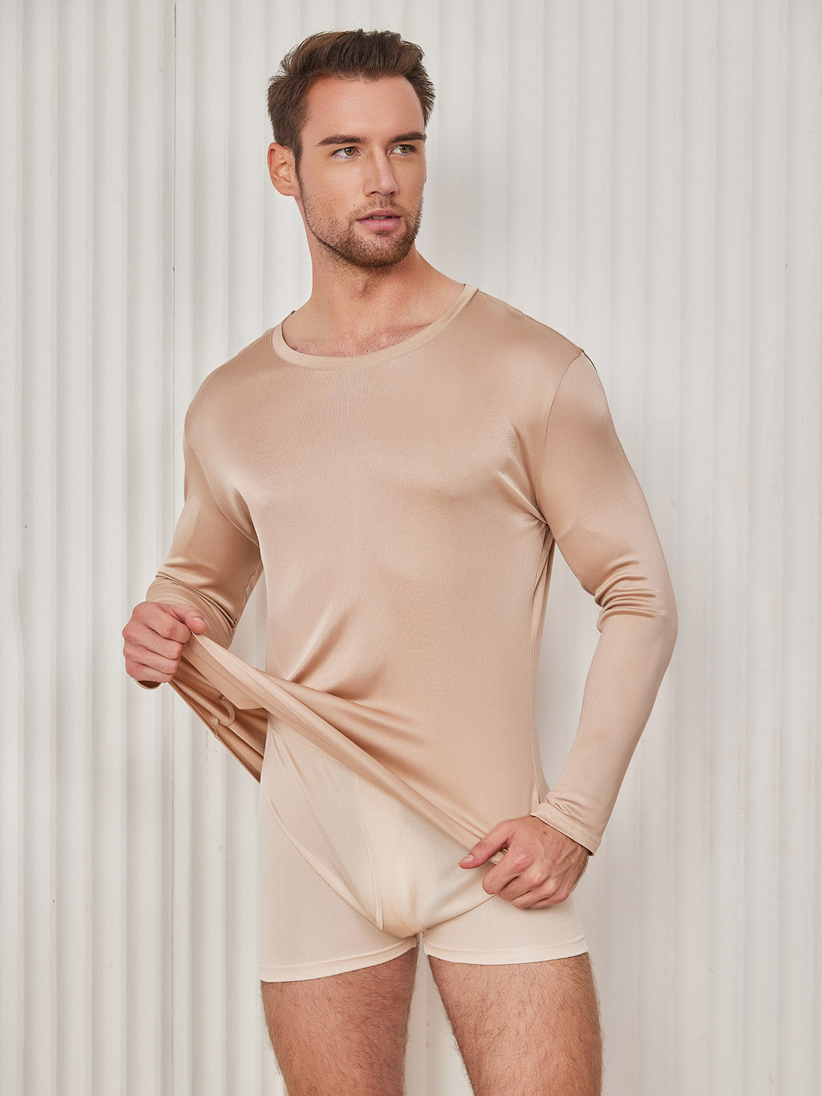 [Beige] SilkSilky-CA Silk Knitted Long Sleeve Round Neck Men's T-Shirt 003