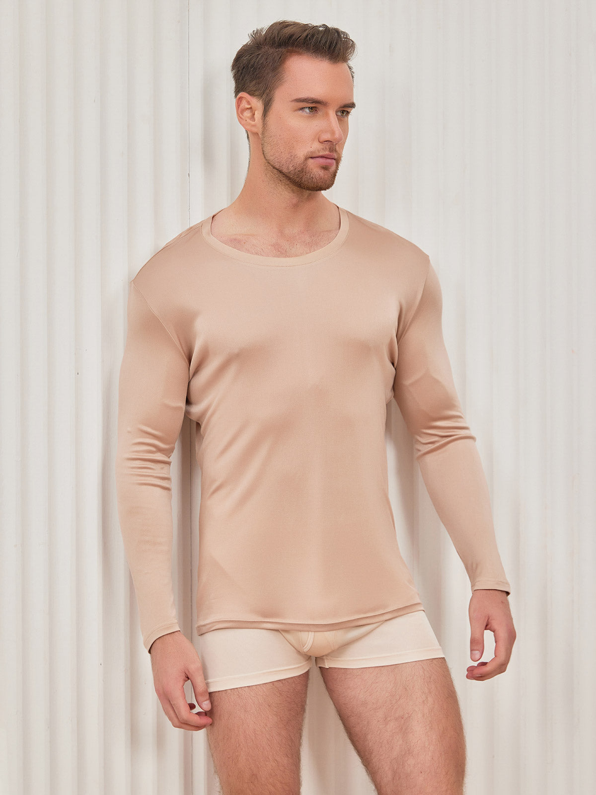 [Beige] SilkSilky-CA Silk Knitted Long Sleeve Round Neck Men's T-Shirt 004