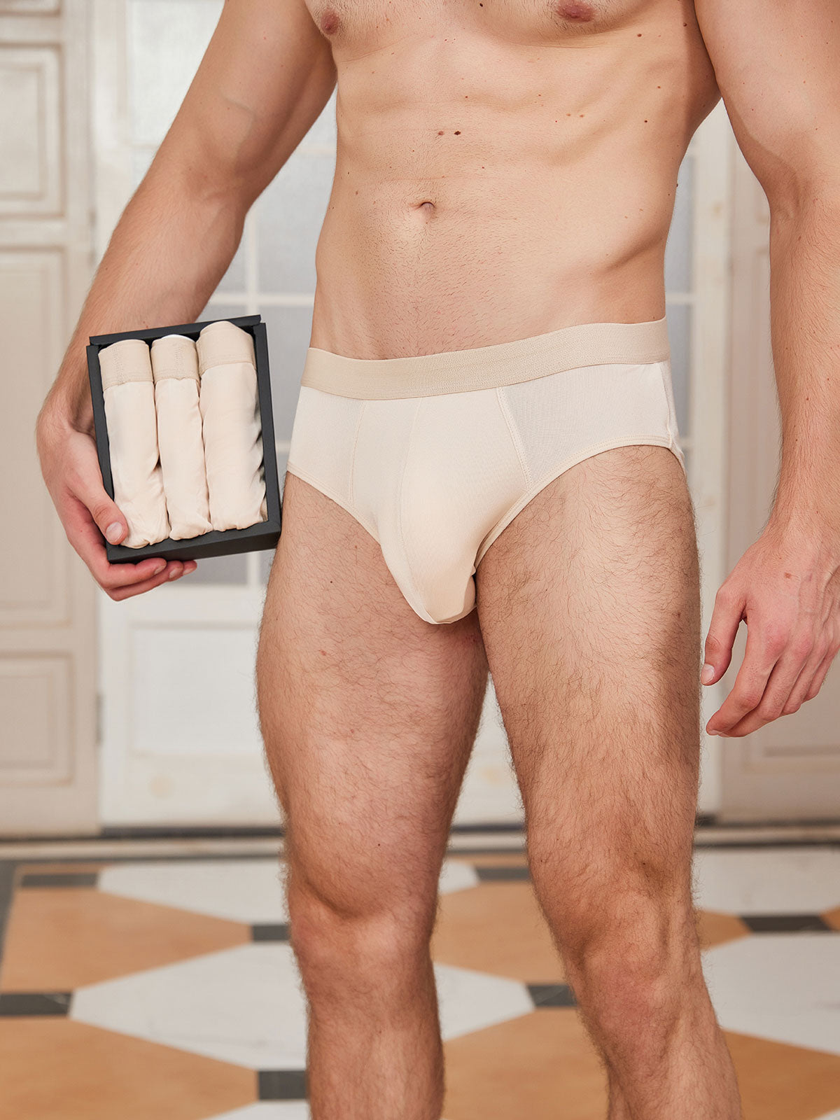 [Beige] SilkSilky-CA Silk Knitted Mens Underwear 001
