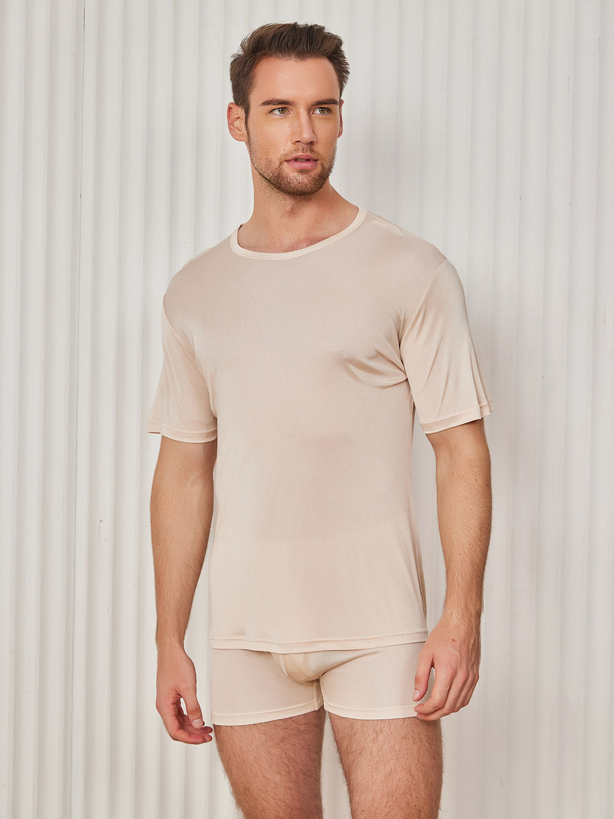 [Beige] SilkSilky-CA Silk Knitted Short Sleeve Round Neck Men's T-Shirt 001