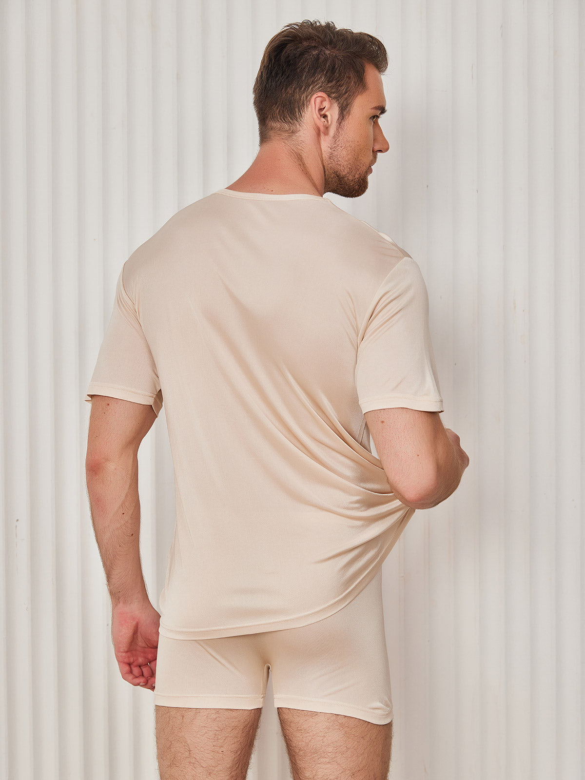 [Beige] SilkSilky-CA Silk Knitted Short Sleeve Round Neck Men's T-Shirt 002