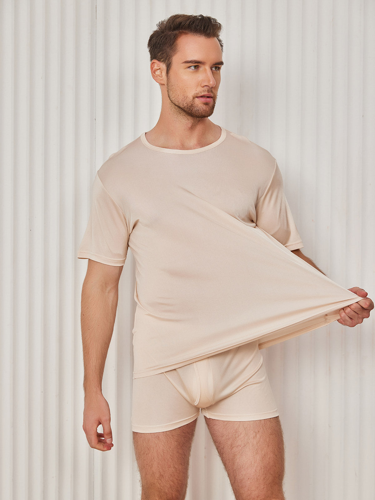[Beige] SilkSilky-CA Silk Knitted Short Sleeve Round Neck Men's T-Shirt 003