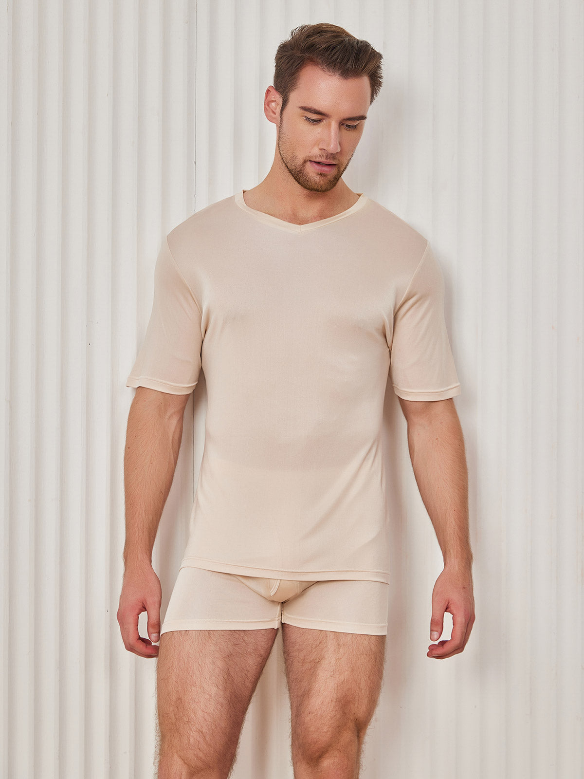 [Beige] SilkSilky-CA Silk Knitted Short Sleeve V Neck Men's T-Shirt 001