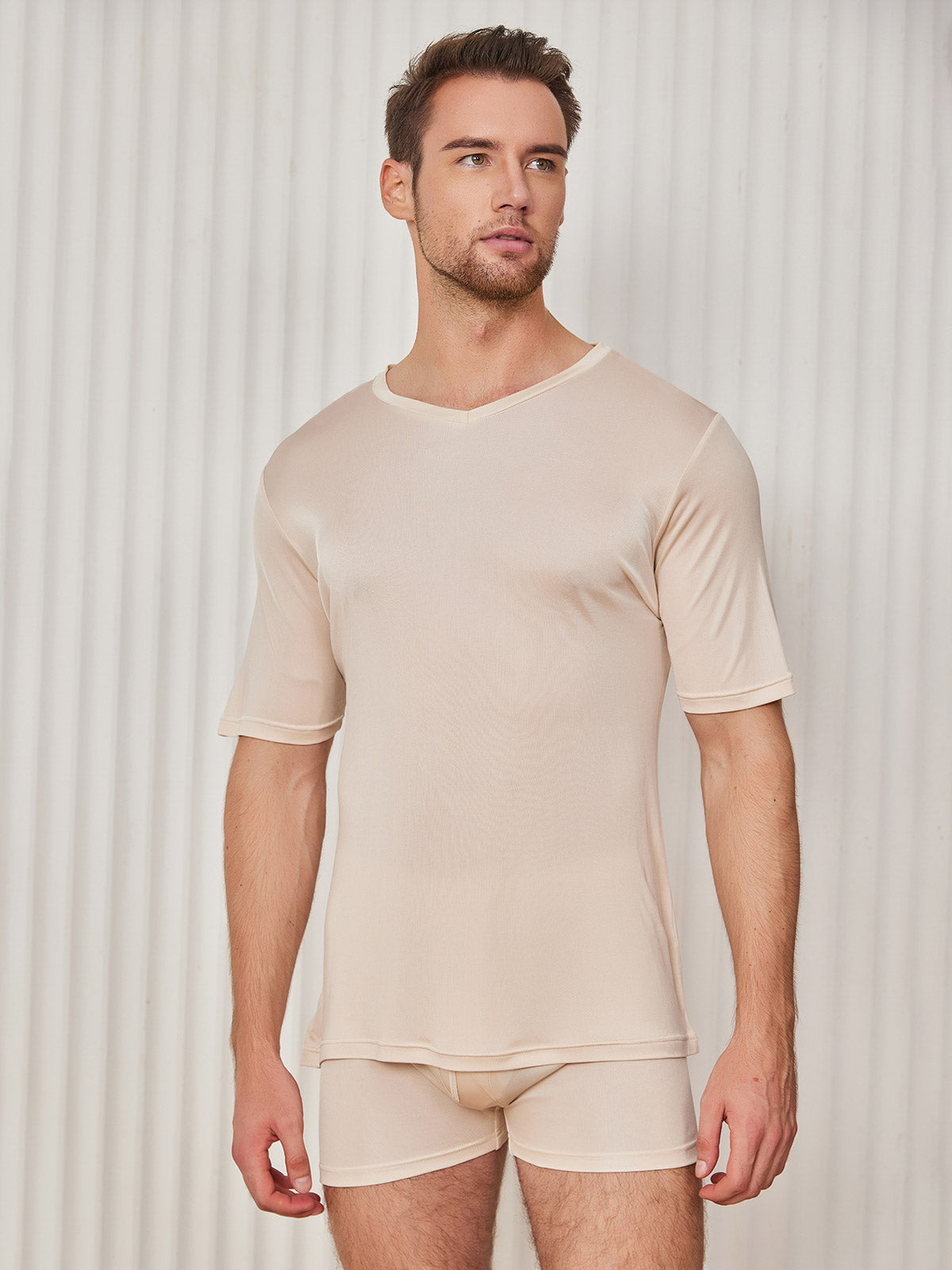 [Beige] SilkSilky-CA Silk Knitted Short Sleeve V Neck Men's T-Shirt 003