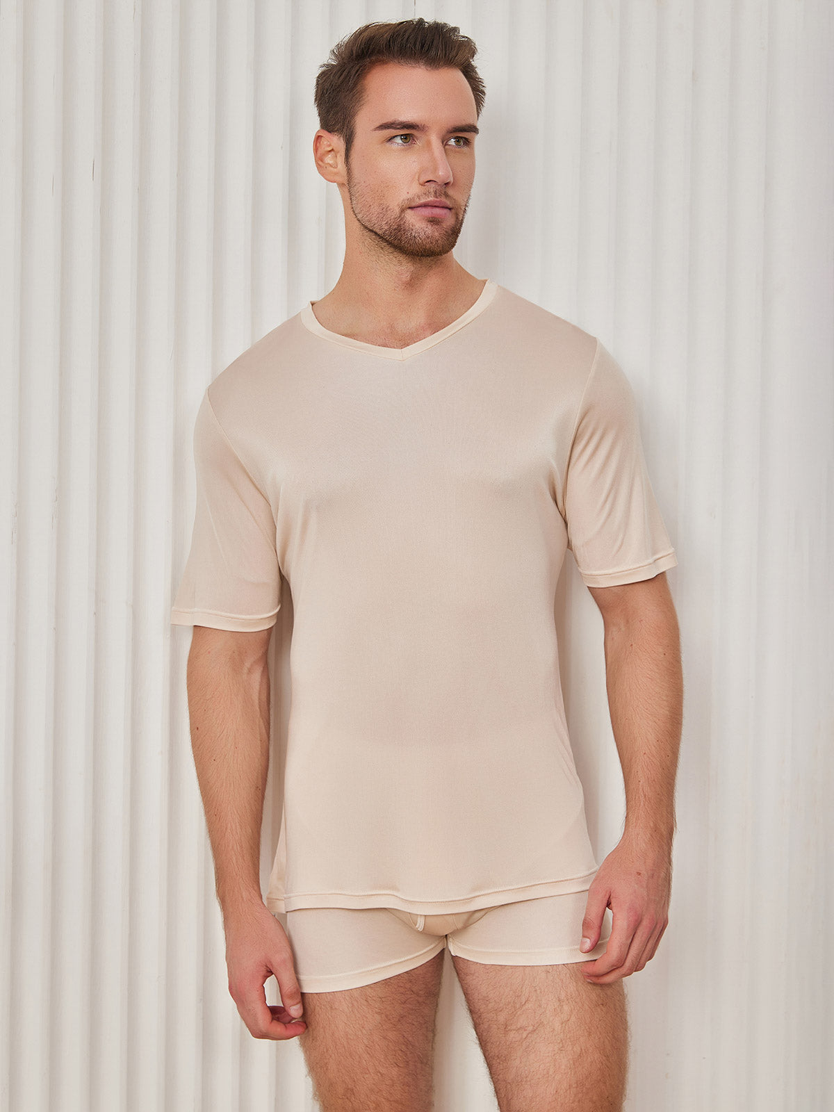 [Beige] SilkSilky-CA Silk Knitted Short Sleeve V Neck Men's T-Shirt 004