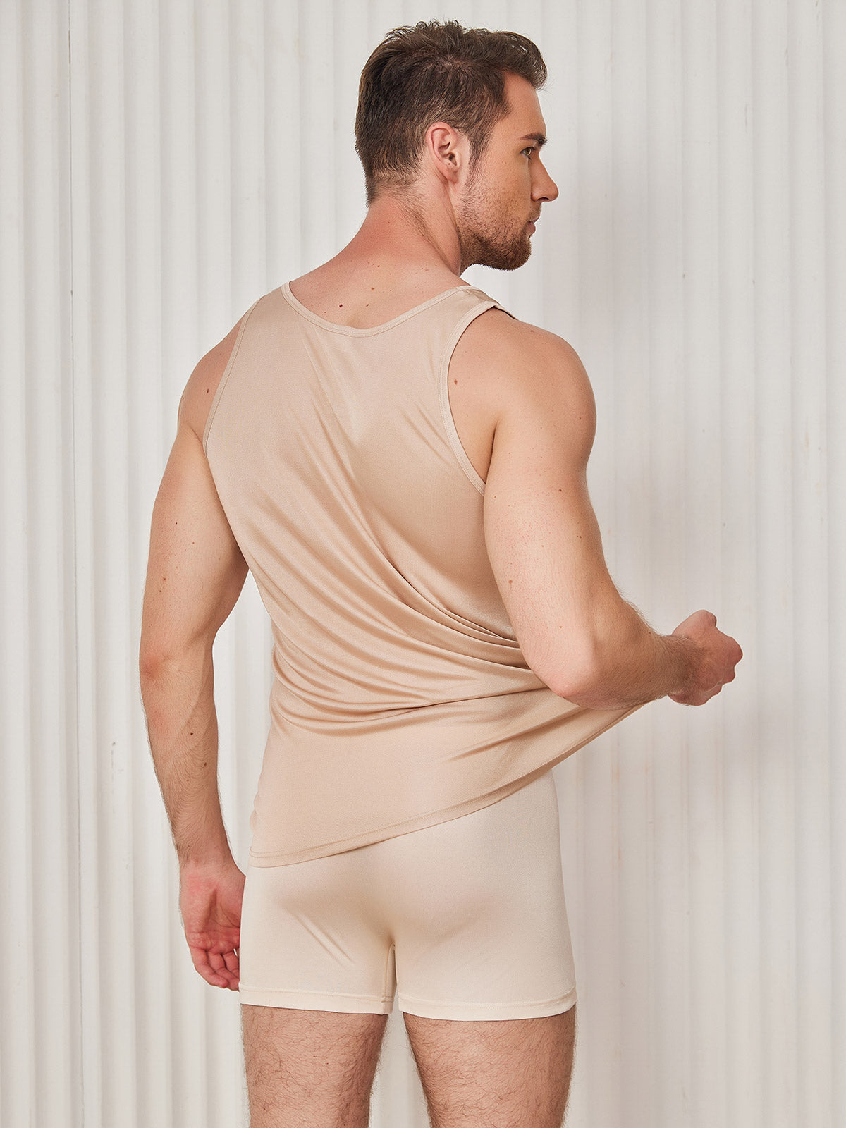 [Beige] SilkSilky-CA Silk Knitted Sleeveless Round Neck Men's T-Shirt 002
