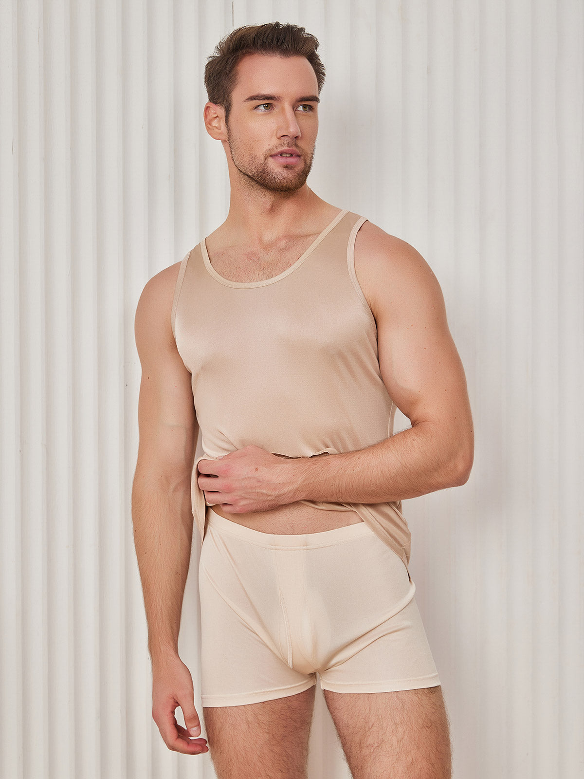 [Beige] SilkSilky-CA Silk Knitted Sleeveless Round Neck Men's T-Shirt 004