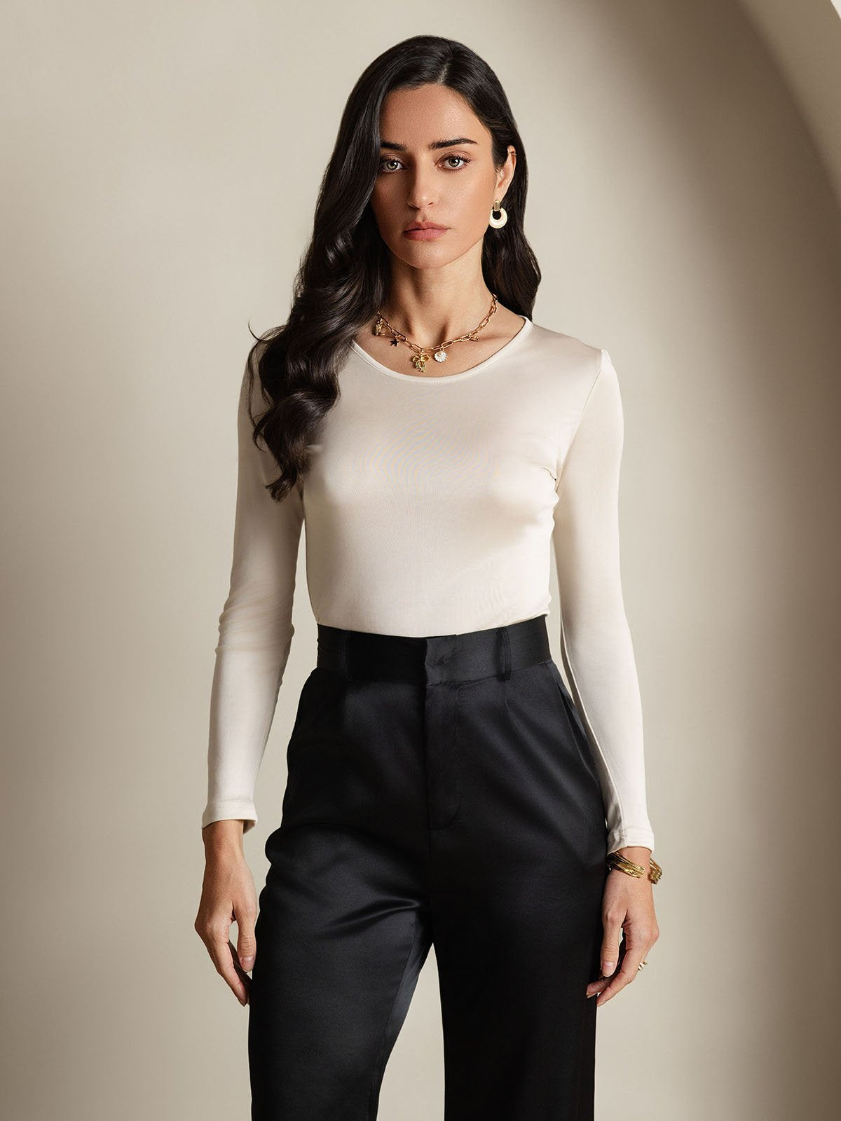 [Beige] SilkSilky-CA Silk Long Sleeve Round Neck Women's T-Shirt 001