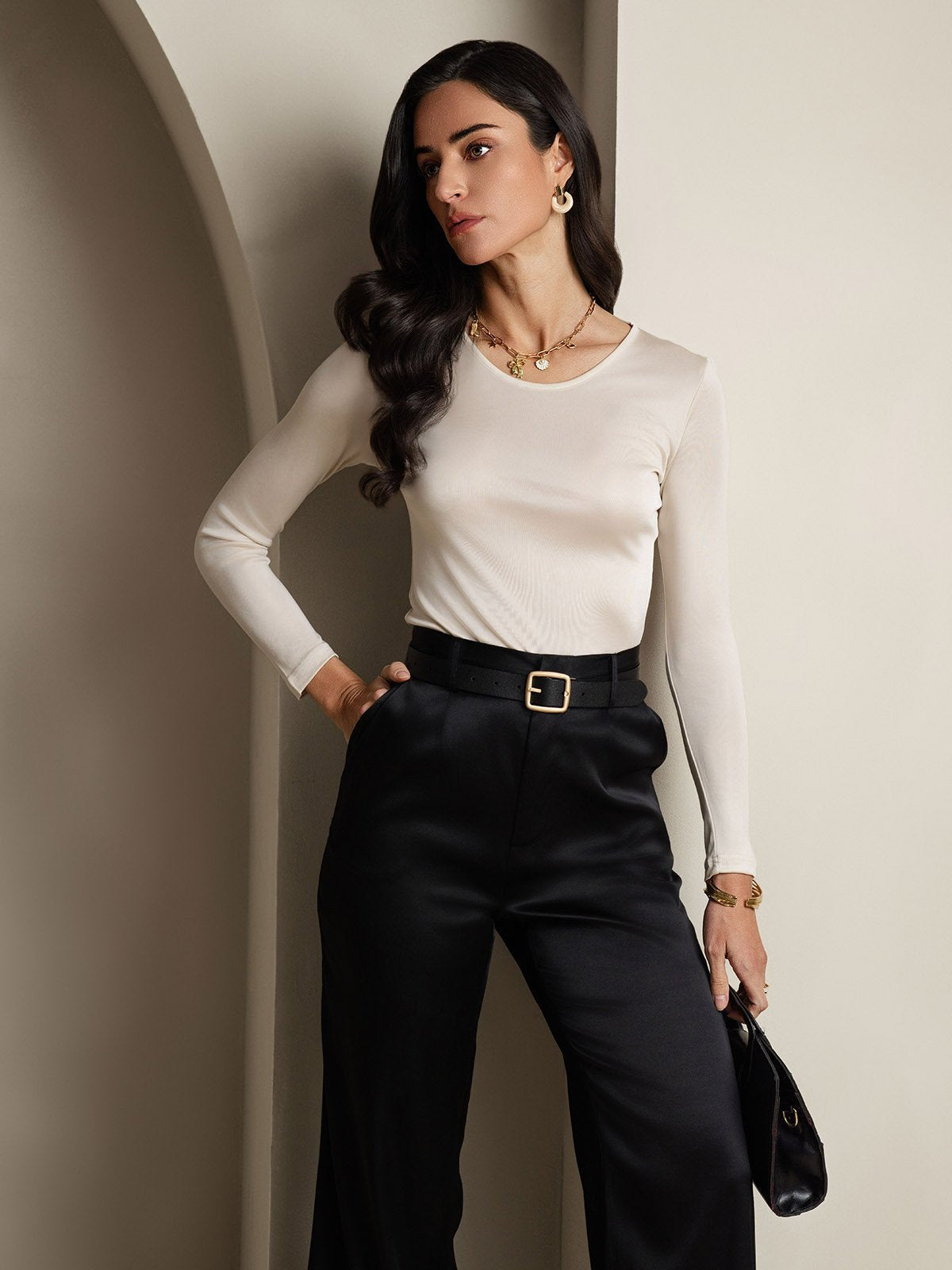 [Beige] SilkSilky-CA Silk Long Sleeve Round Neck Women's T-Shirt 006