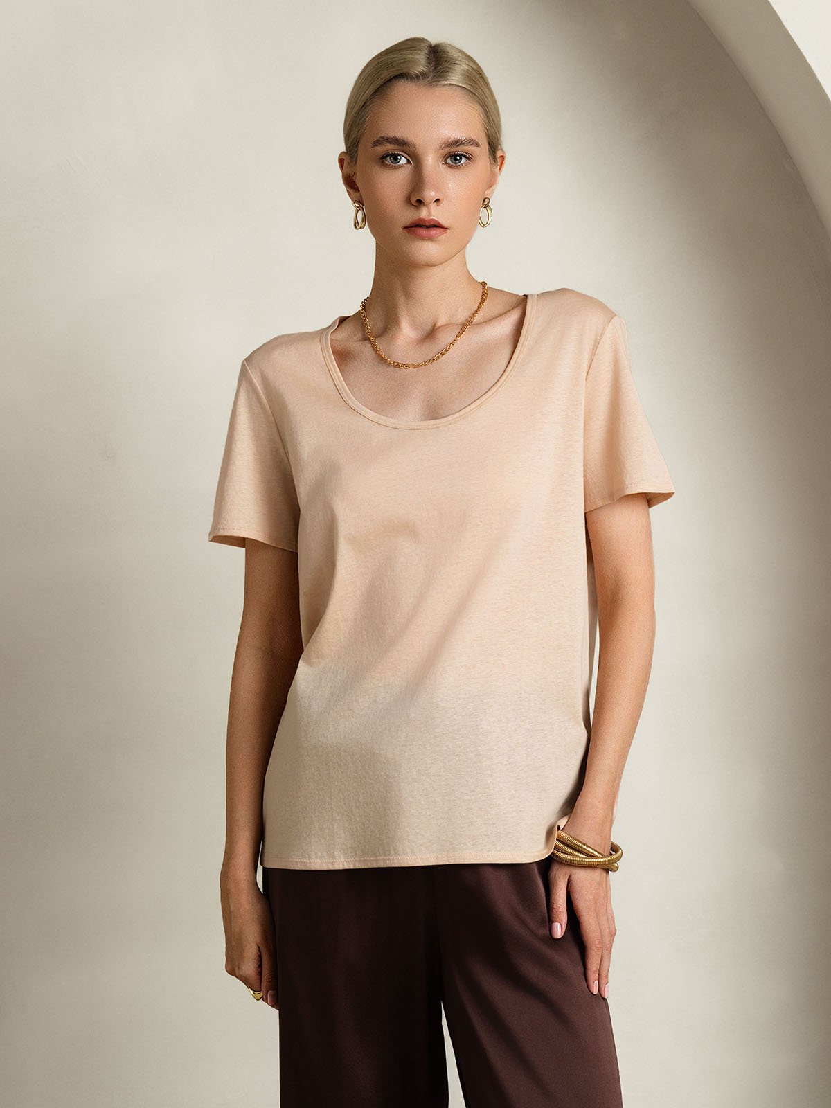 [Beige] SilkSilky-CA Silk Short Sleeve U Neck Women's T-Shirt 001