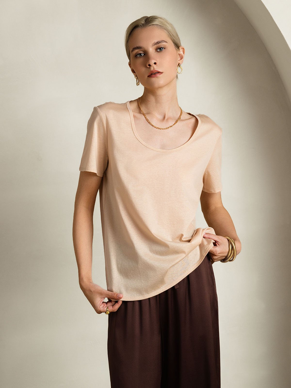 [Beige] SilkSilky-CA Silk Short Sleeve U Neck Women's T-Shirt 005