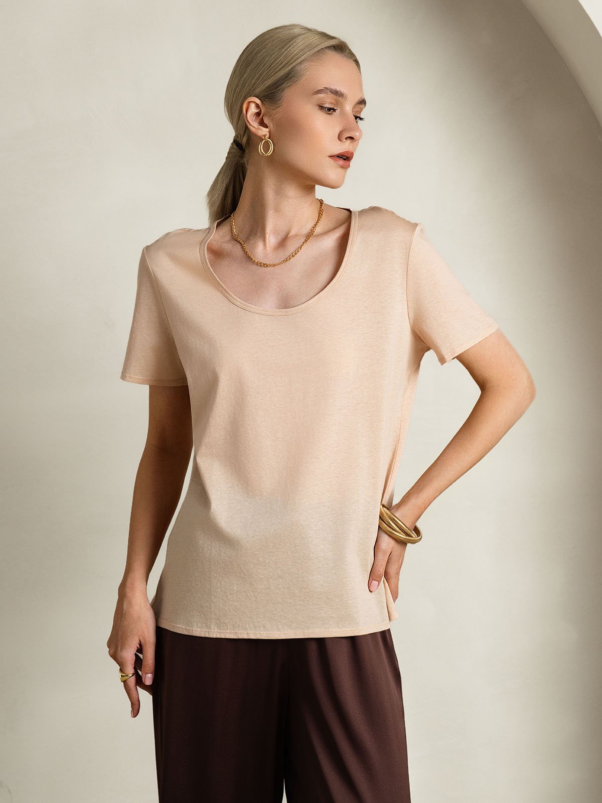 [Beige] SilkSilky-CA Silk Short Sleeve U Neck Women's T-Shirt 006