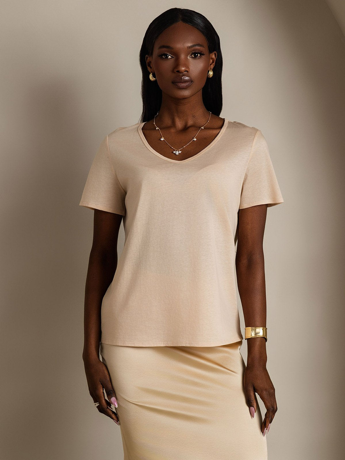[Beige] SilkSilky-CA Silk Short Sleeve V Neck Women's T-Shirt 001