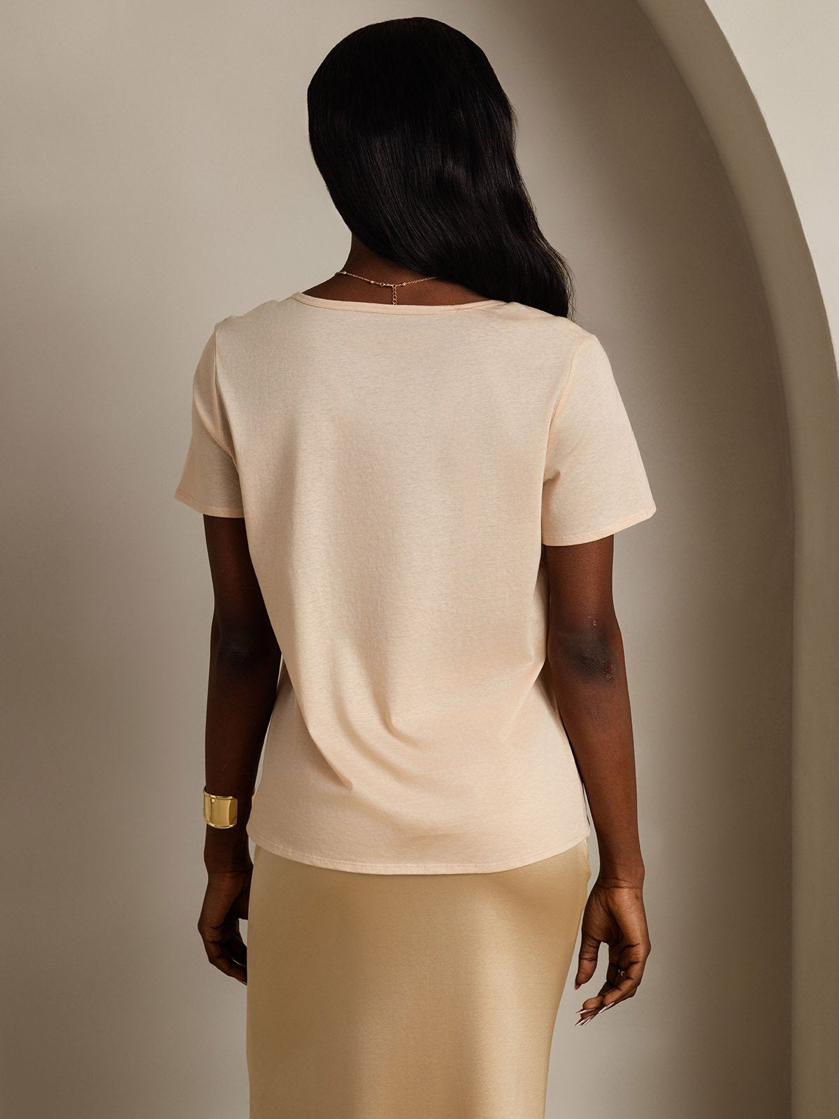 [Beige] SilkSilky-CA Silk Short Sleeve V Neck Women's T-Shirt 002
