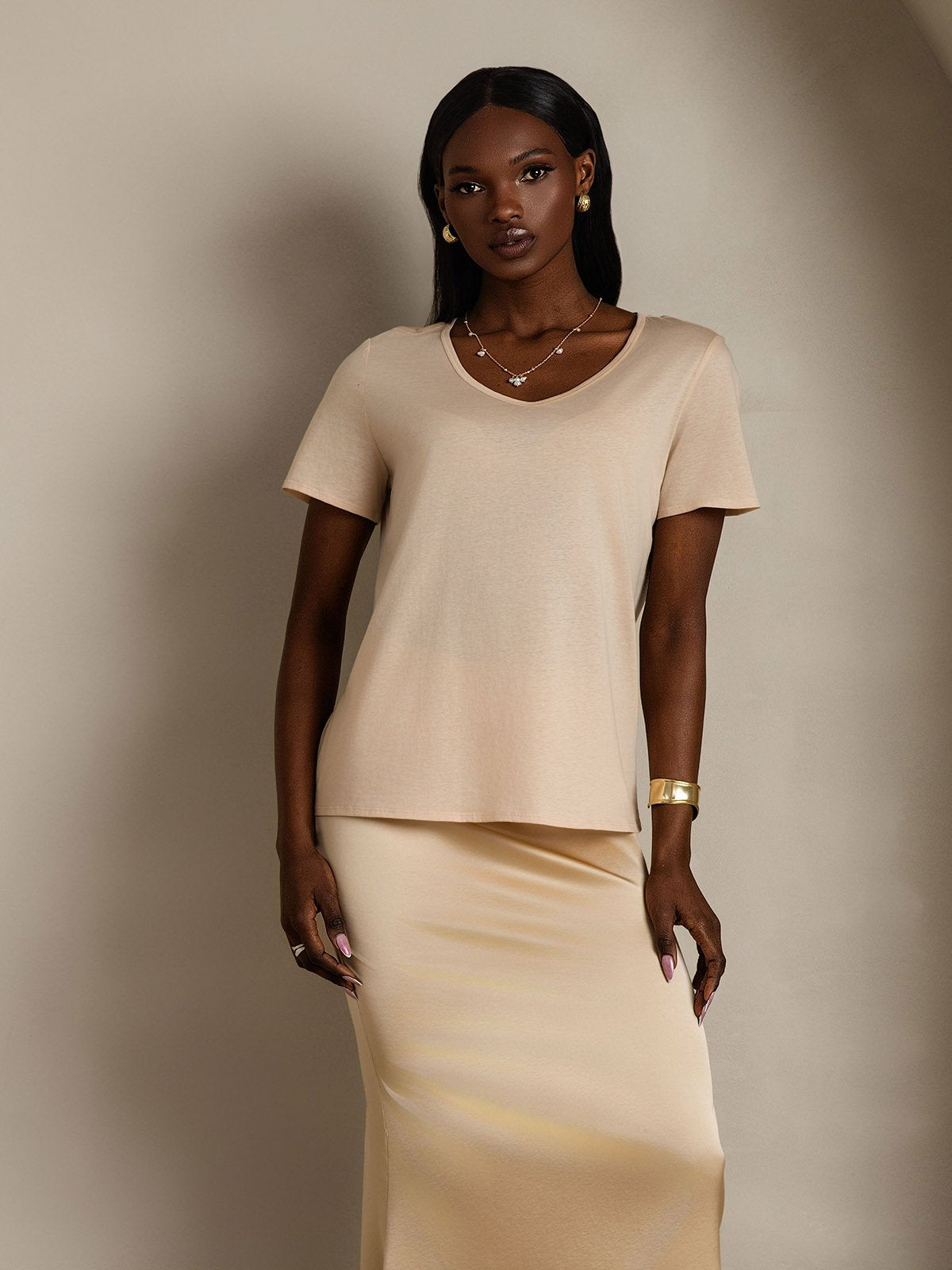 [Beige] SilkSilky-CA Silk Short Sleeve V Neck Women's T-Shirt 003