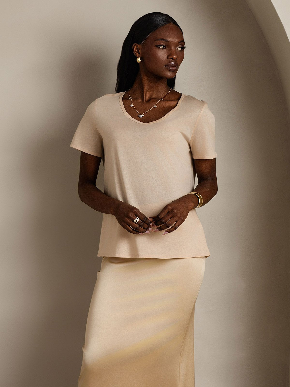 [Beige] SilkSilky-CA Silk Short Sleeve V Neck Women's T-Shirt 004