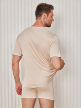 [Beige] SilkSilky-CA 100% Silk Jersey Short Sleeve Crew Neck Men's T-Shirt 002