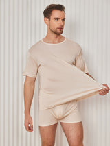 [Beige] SilkSilky-CA 100% Silk Jersey Short Sleeve Crew Neck Men's T-Shirt 003