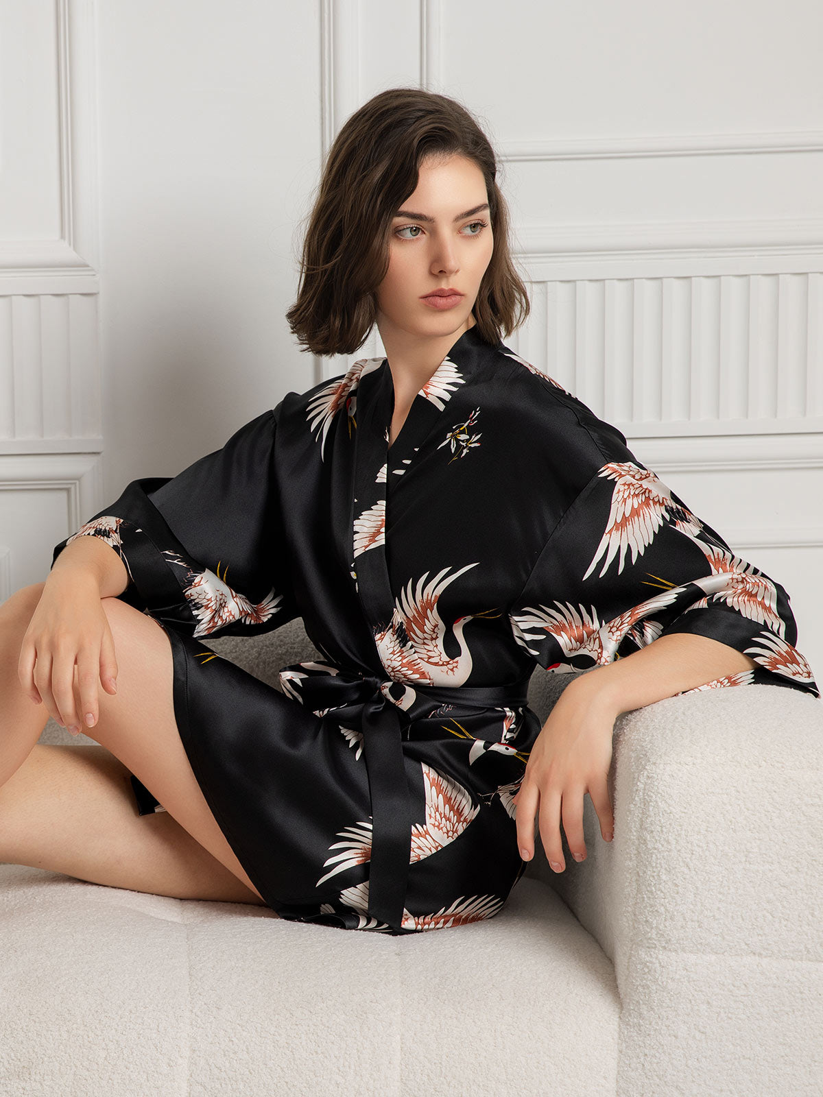 [Black] SilkSilky-CA 19Momme Pure Silk 3/4 Sleeve Deep V Neck Women's Robe 004
