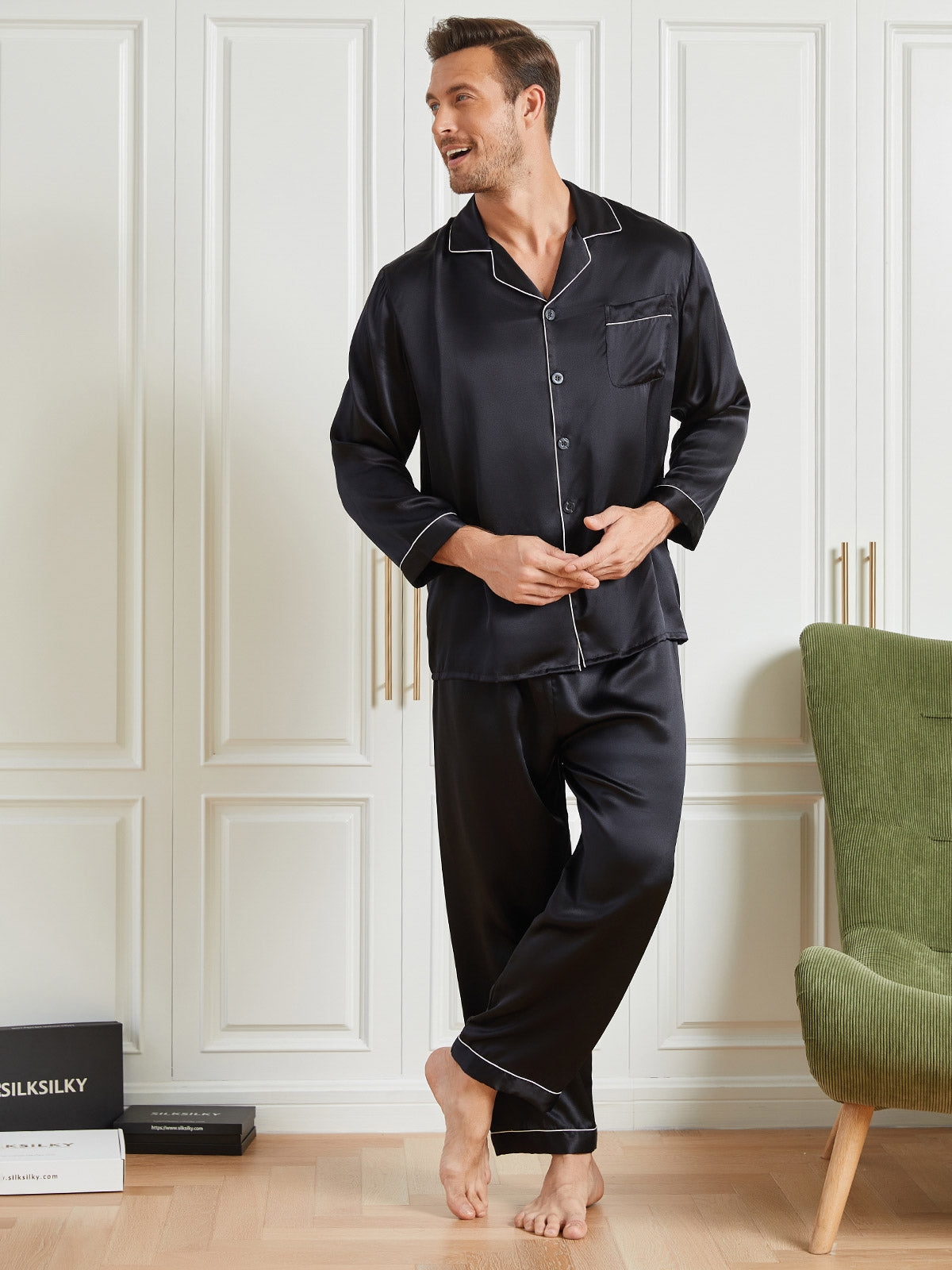 [Black] SilkSilky-CA 19Momme Pure Silk Long Sleeve Lapel Men's Pajamas 001