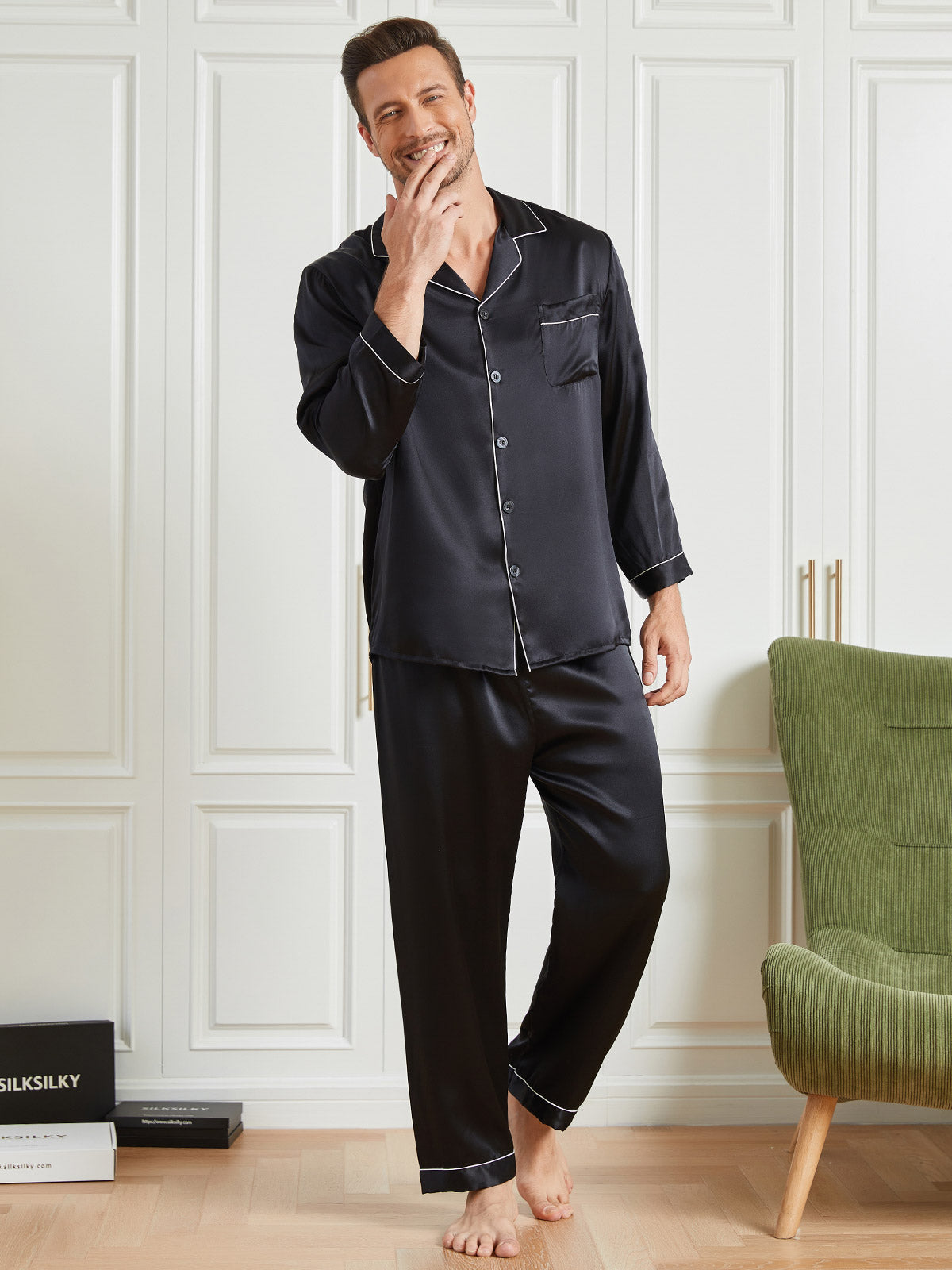 [Black] SilkSilky-CA 19Momme Pure Silk Long Sleeve Lapel Men's Pajamas 004
