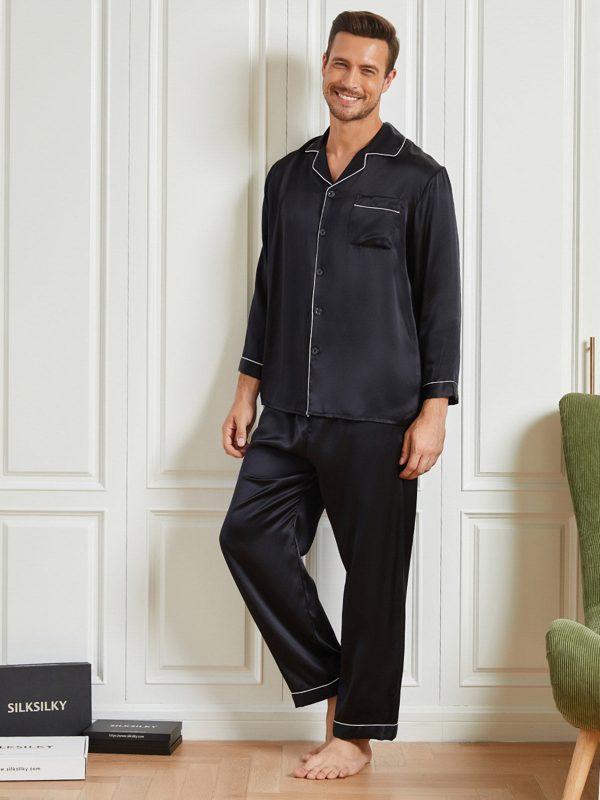 [Black] SilkSilky-CA 19Momme Pure Silk Long Sleeve Lapel Men's Pajamas 005