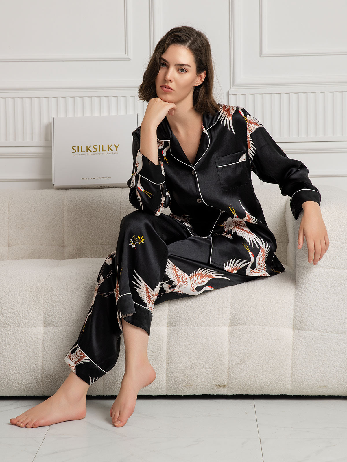 [Black] SilkSilky-CA 19Momme Pure Silk Long Sleeve Lapel Women's Pajamas 001