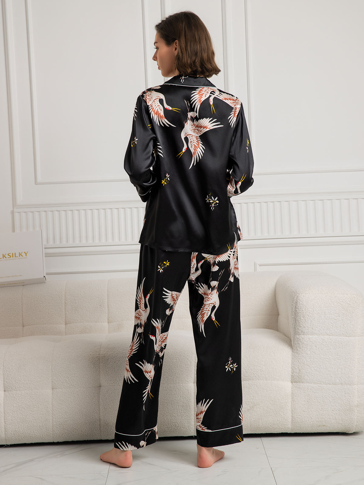 [Black] SilkSilky-CA 19Momme Pure Silk Long Sleeve Lapel Women's Pajamas 002