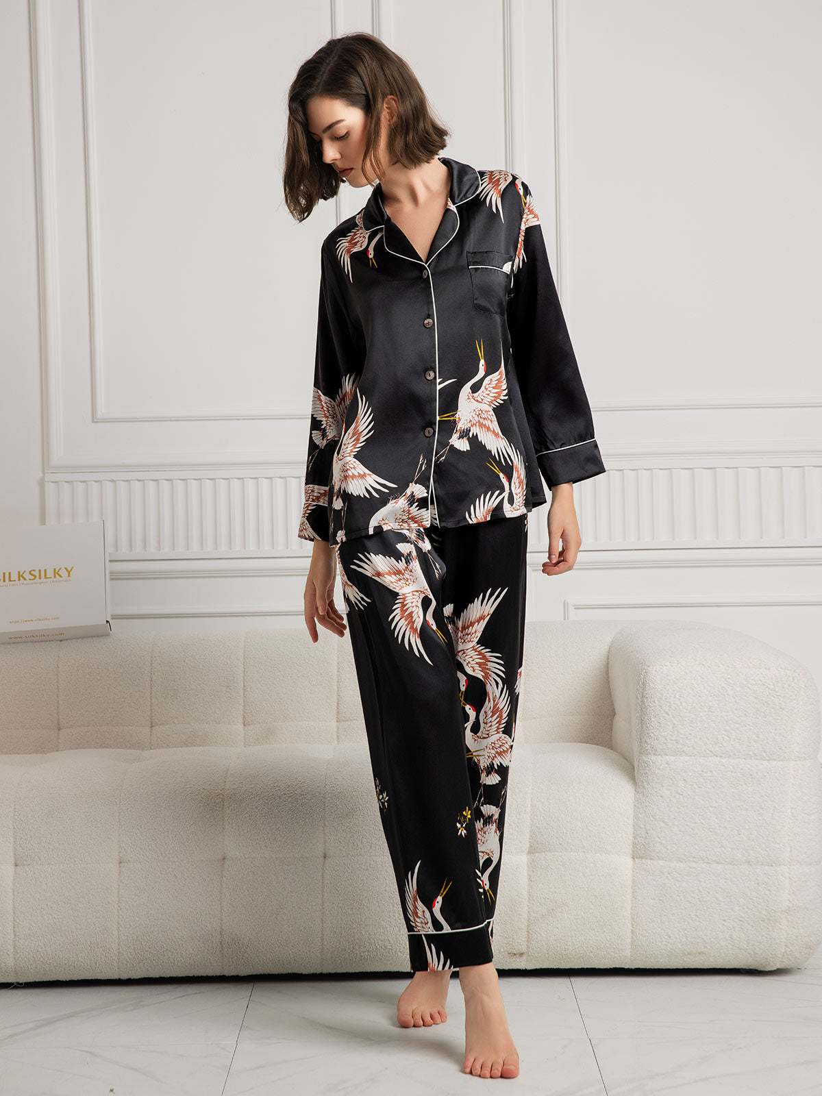 [Black] SilkSilky-CA 19Momme Pure Silk Long Sleeve Lapel Women's Pajamas 004