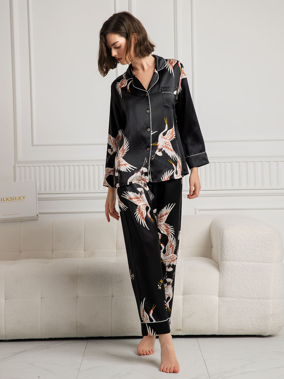 [Black] SilkSilky-CA 19Momme Pure Silk Long Sleeve Lapel Women's Pajamas 004