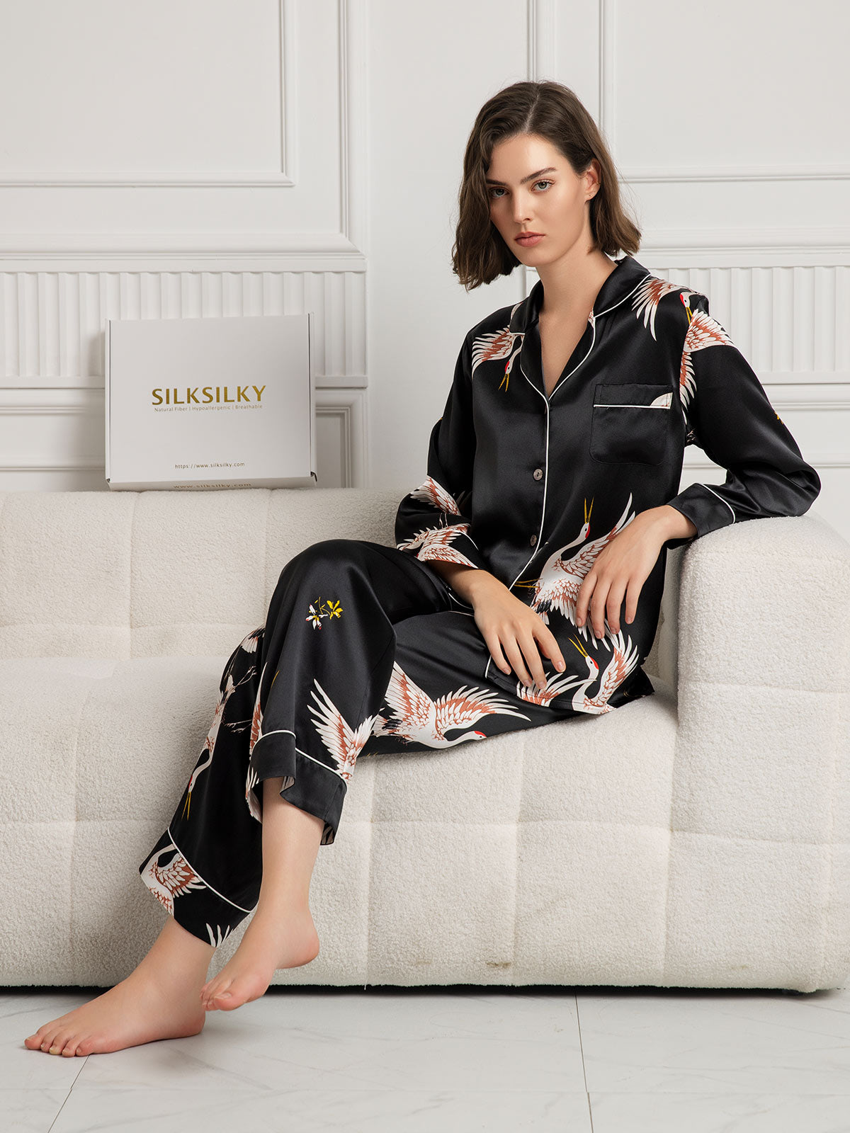 [Black] SilkSilky-CA 19Momme Pure Silk Long Sleeve Lapel Women's Pajamas 005