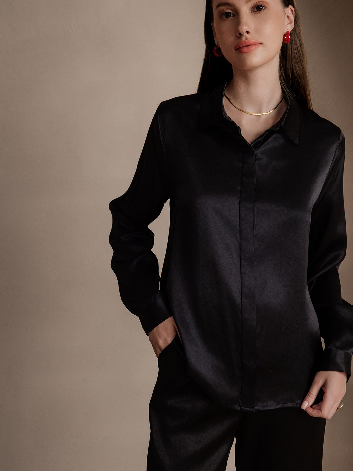 [Black] SilkSilky-CA 19Momme Silk Lapel Collar Women's Shirt 001