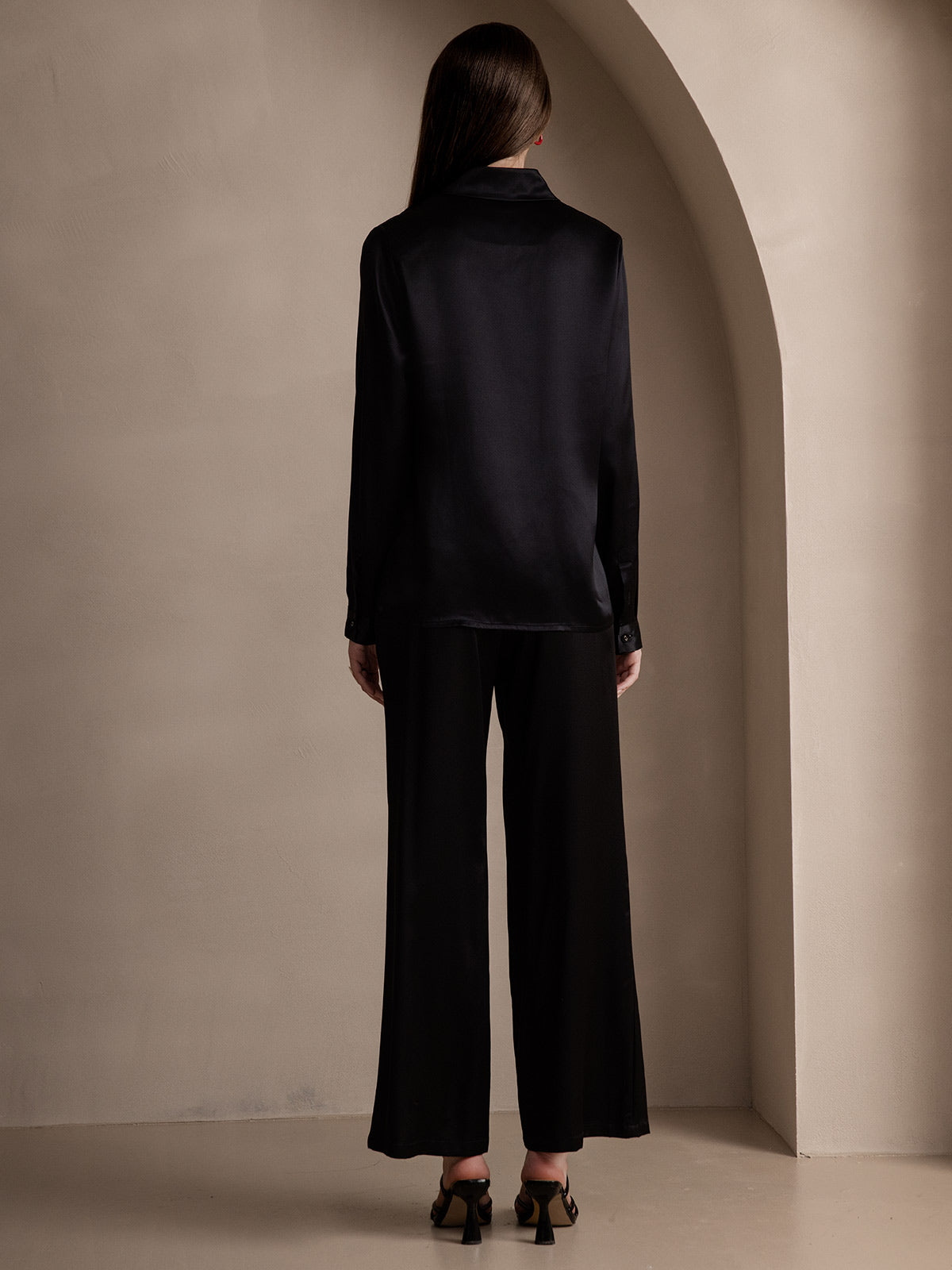 [Black] SilkSilky-CA 19Momme Silk Lapel Collar Women's Shirt 002