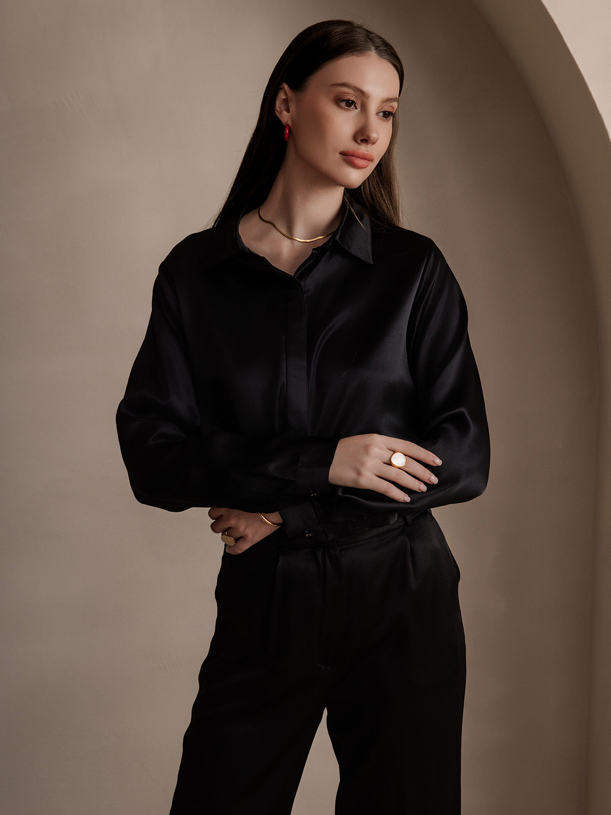 [Black] SilkSilky-CA 19Momme Silk Lapel Collar Women's Shirt 003